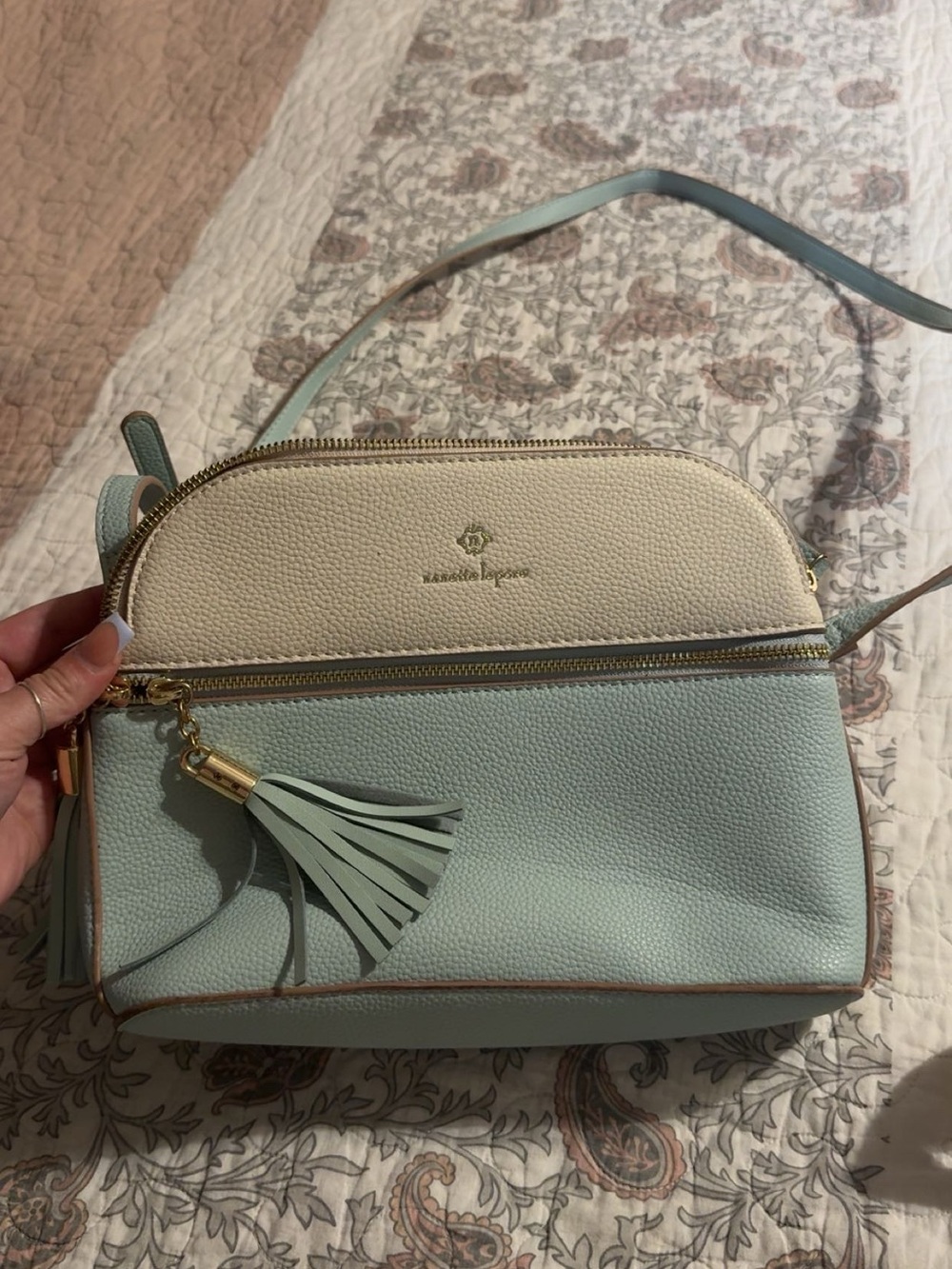 Nanette Lepore Cream and Mint Two-Tone Crossbody with Tassel